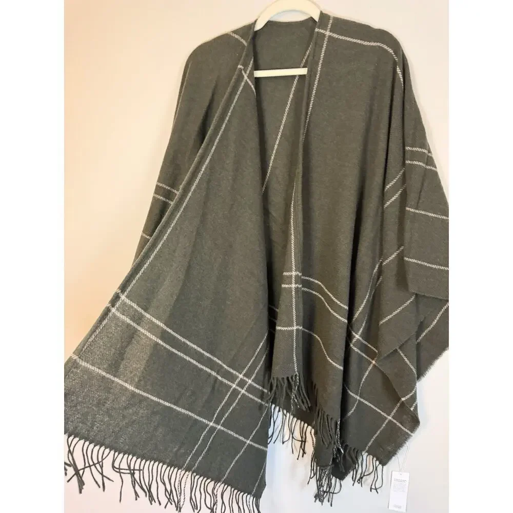 Eileen Fisher Wool Twill Green Plaid Wrap Fringe $188 NWT
